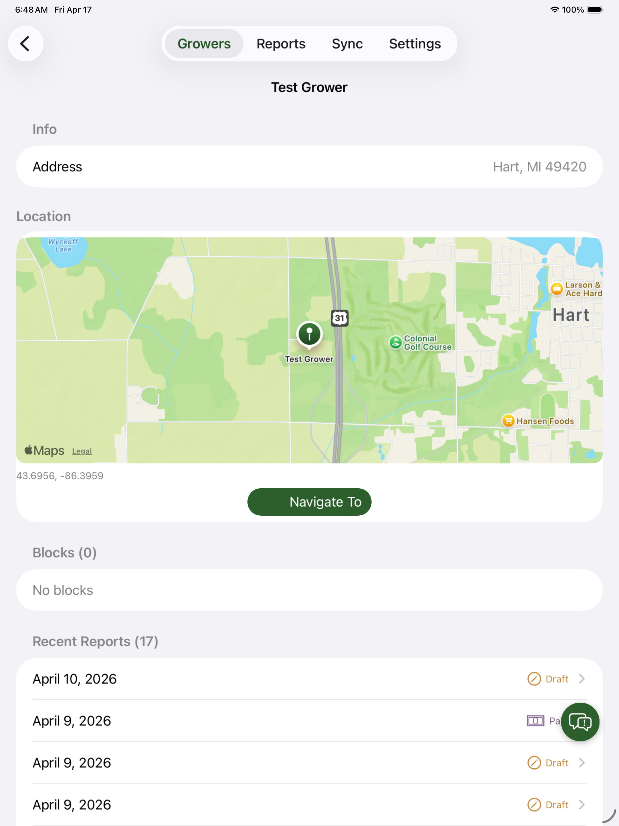 Grower detail view on iPad with field location and recent reports
