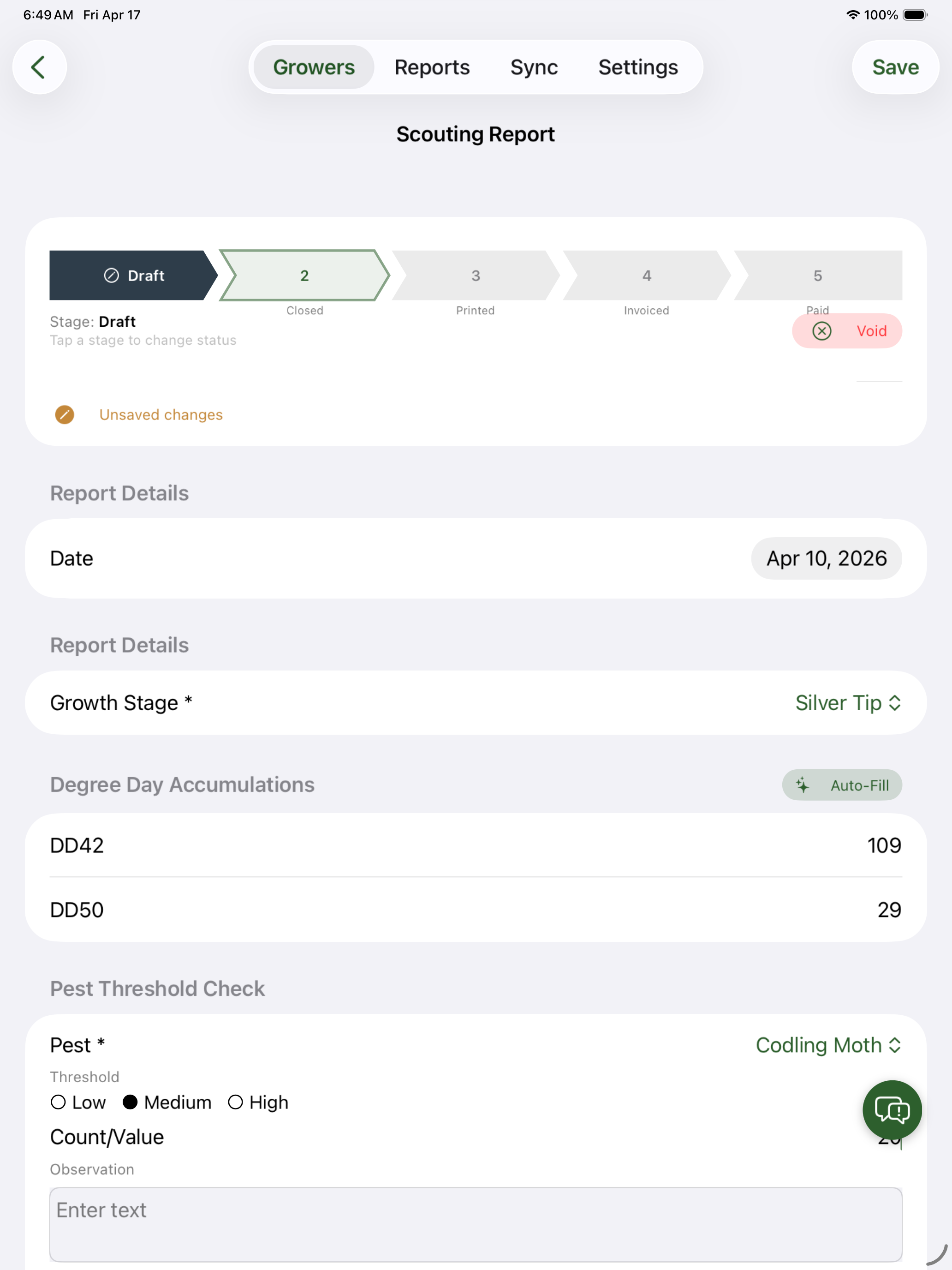 CropScout scouting report on iPad showing dynamic sections and degree day auto-fill